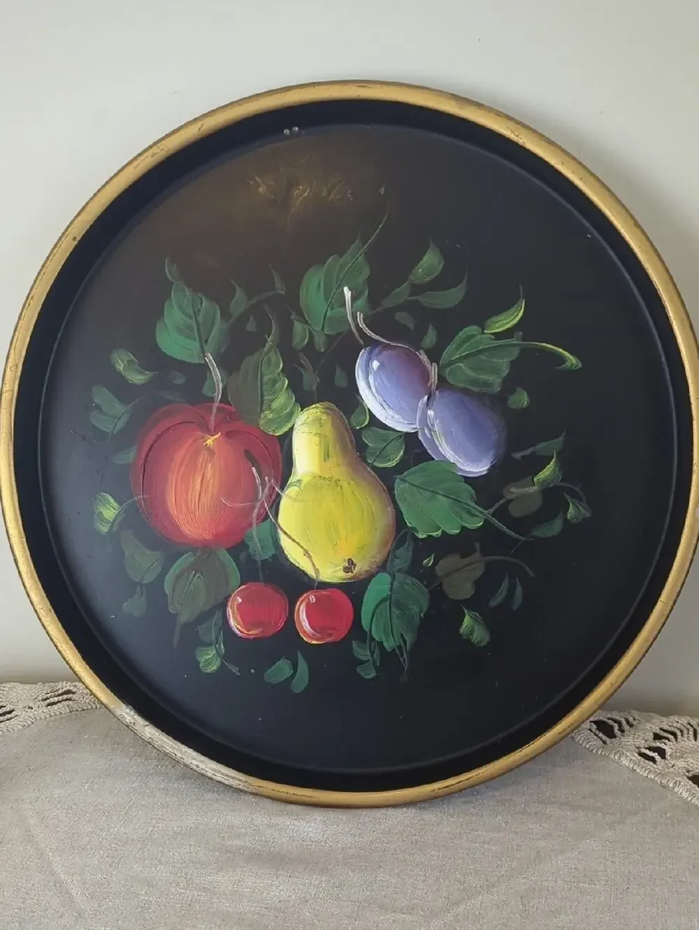 Vintage Handpainted Tole Style   Black Lacquer Metal Serving Tray Wall Decor